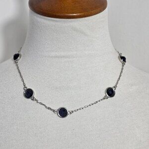 Banana Republic Silver Tone Station Necklace Fine Chain Black Multifaceted Beads
